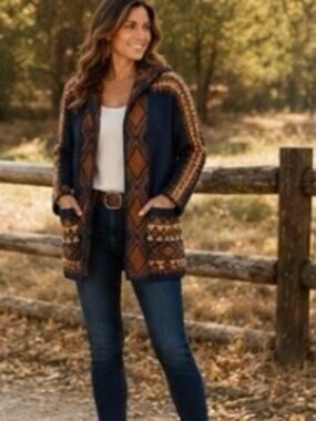 Lucky Brand Southwestern Hooded Cardigan Sweater Aztec Open Front Size Small